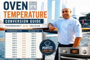 Feature image for an Oven Temperature Conversion Guide showing a professional chef in a white uniform standing on a waterfront boardwalk with a modern city skyline in the background. Large bold text reads “Oven Temperature Conversion Guide,” alongside a Fahrenheit-to-Celsius conversion chart displaying common oven temperatures. A modern oven graphic and a “Perfect Every Time!” badge highlight accurate baking and cooking temperature conversions.
