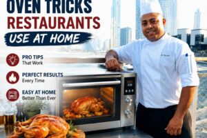 Professional chef in a white uniform standing beside a countertop oven with roasted chicken, promoting “Oven Tricks Restaurants Use at Home.” The feature image highlights practical cooking tips, restaurant-style oven techniques, and easy methods for achieving perfect results at home, set against a modern waterfront city skyline.