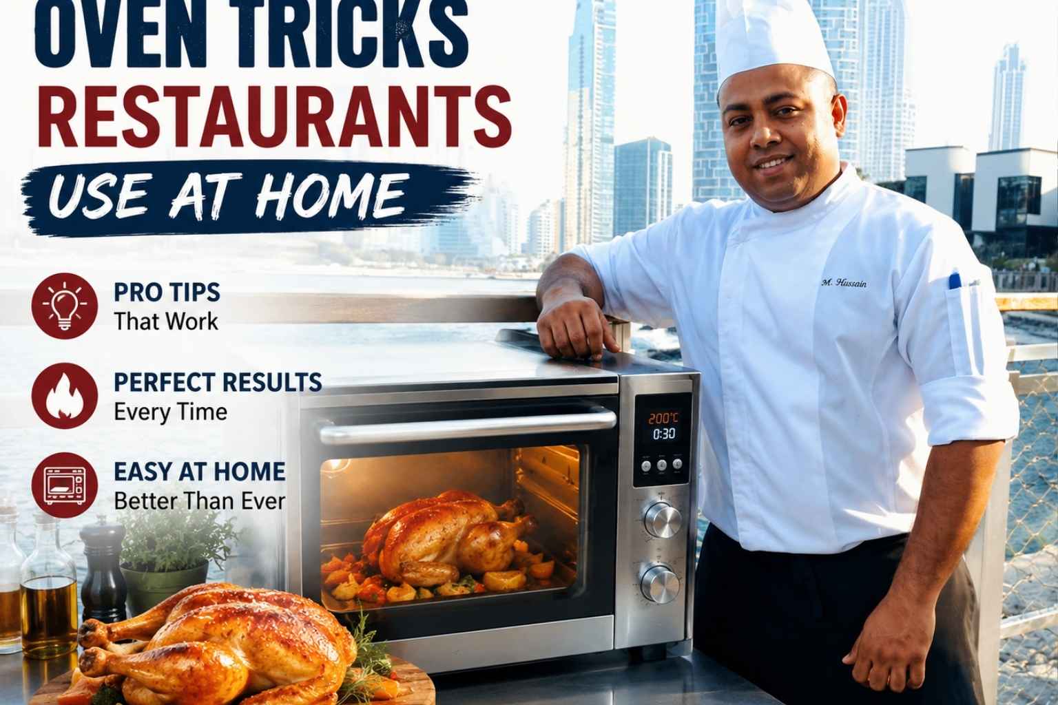 Professional chef in a white uniform standing beside a countertop oven with roasted chicken, promoting “Oven Tricks Restaurants Use at Home.” The feature image highlights practical cooking tips, restaurant-style oven techniques, and easy methods for achieving perfect results at home, set against a modern waterfront city skyline.