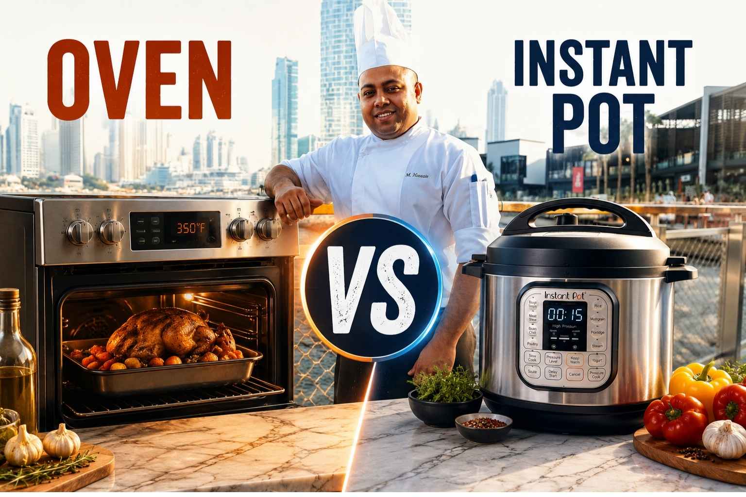A chef in a white uniform and tall chef’s hat stands smiling at the center of a comparison graphic titled “Oven vs Instant Pot.” On the left, a stainless-steel oven displays a roasted chicken with vegetables, illuminated by warm orange lighting and labeled “OVEN.” On the right, a stainless-steel Instant Pot sits on a countertop surrounded by fresh vegetables and herbs, labeled “INSTANT POT” in bold blue text. A large “VS” symbol separates the two cooking appliances. The background features a waterfront boardwalk with a modern city skyline, creating a professional and visually engaging cooking comparison thumbnail.