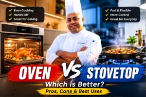 Feature image comparing oven and stovetop cooking methods. A chef in a white uniform and tall chef hat stands centered with arms crossed between two kitchen setups. On the left, a warm-toned oven scene shows a roasted meal with text highlighting benefits such as even cooking and hands-off preparation. On the right, a stovetop scene shows a steaming pan over a gas flame with text emphasizing speed, flexibility, and control. Large bold text reads “OVEN VS STOVETOP,” with a subtitle asking “Which is Better? Pros, Cons & Best Uses.”