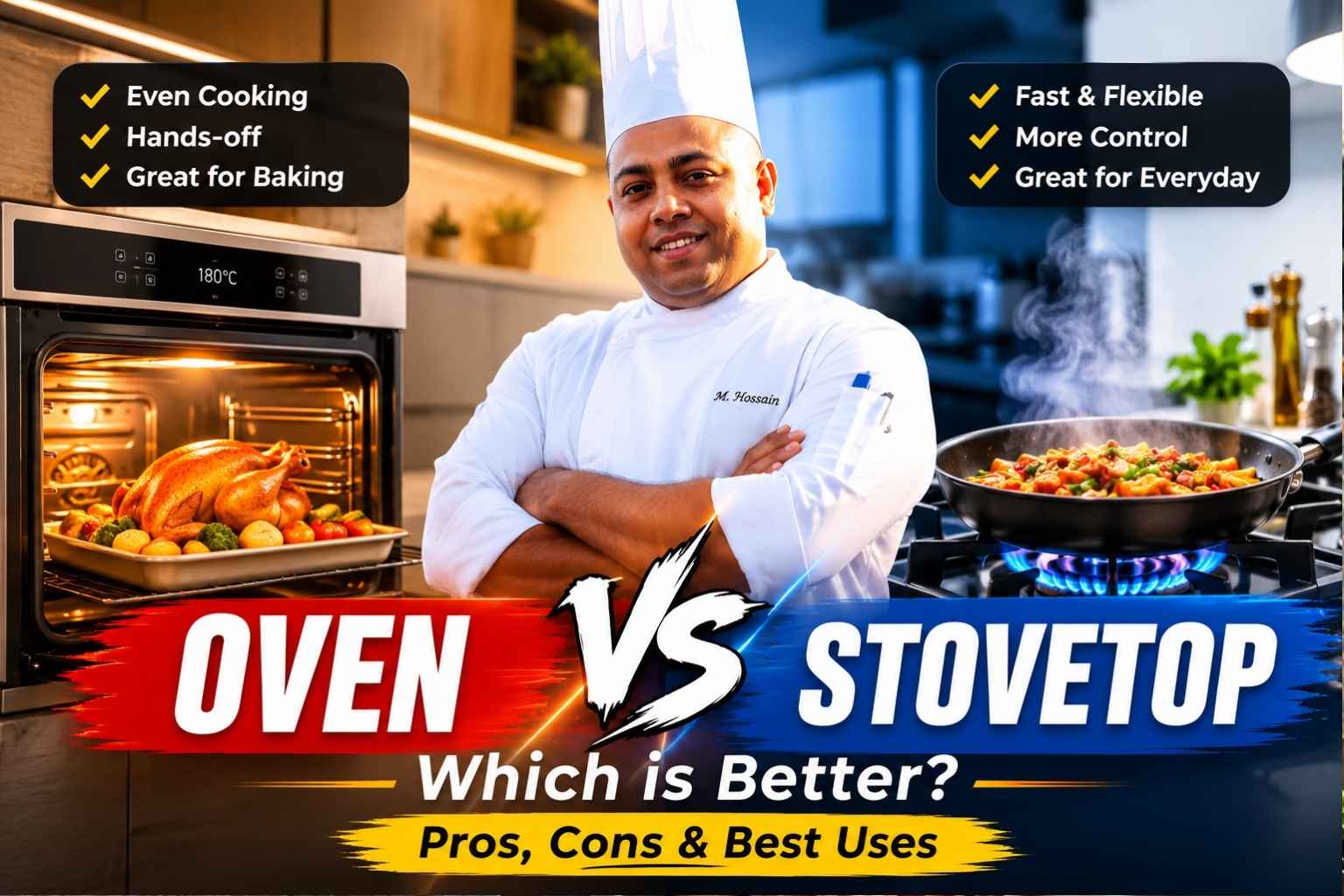 Feature image comparing oven and stovetop cooking methods. A chef in a white uniform and tall chef hat stands centered with arms crossed between two kitchen setups. On the left, a warm-toned oven scene shows a roasted meal with text highlighting benefits such as even cooking and hands-off preparation. On the right, a stovetop scene shows a steaming pan over a gas flame with text emphasizing speed, flexibility, and control. Large bold text reads “OVEN VS STOVETOP,” with a subtitle asking “Which is Better? Pros, Cons & Best Uses.”