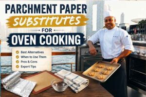 Professional chef in a white uniform stands beside an outdoor oven setup overlooking a modern waterfront skyline. Large headline text reads “Parchment Paper Substitutes for Oven Cooking.” A baking tray of cookies, aluminum foil, a silicone baking mat, towels, and a glass bowl are displayed on a wooden table, alongside a checklist highlighting best alternatives, when to use them, pros and cons, and expert tips. The image serves as a feature graphic for an article about alternatives to parchment paper in oven baking and cooking.