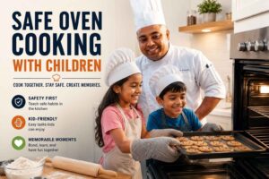 A chef in a white uniform helps two children in chef hats safely bake cookies in a bright kitchen. The children wear oven mitts while holding a baking tray near an open oven. The image promotes safe oven cooking with children, highlighting teamwork, kitchen safety, learning, and creating family memories. Text on the left reads “Safe Oven Cooking With Children” with tips about safety, kid-friendly tasks, and memorable moments.