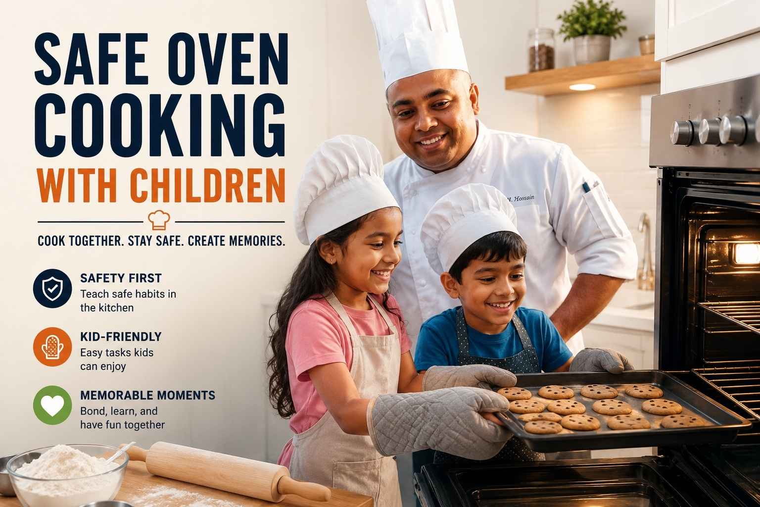 A chef in a white uniform helps two children in chef hats safely bake cookies in a bright kitchen. The children wear oven mitts while holding a baking tray near an open oven. The image promotes safe oven cooking with children, highlighting teamwork, kitchen safety, learning, and creating family memories. Text on the left reads “Safe Oven Cooking With Children” with tips about safety, kid-friendly tasks, and memorable moments.