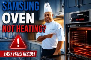 Feature image for an article about troubleshooting a Samsung oven that is not heating. A professional chef in a white uniform and chef hat stands in a modern kitchen, pointing toward an open Samsung oven glowing orange inside. Large bold text reads “SAMSUNG OVEN NOT HEATING?” with a red warning icon and the phrase “EASY FIXES INSIDE!” The design uses blue, white, and red colors to emphasize oven repair tips and troubleshooting guidance.