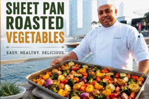 A smiling professional chef in a white uniform stands by a waterfront city promenade, presenting a large sheet pan filled with colorful roasted vegetables, including broccoli, potatoes, zucchini, onions, and bell peppers. Bold text reads “Sheet Pan Roasted Vegetables” with the tagline “Easy. Healthy. Delicious.” against a modern skyline backdrop.