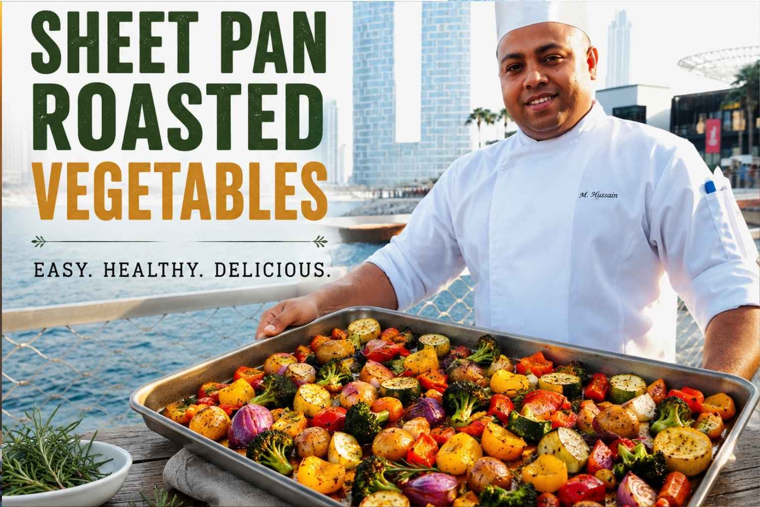 A smiling professional chef in a white uniform stands by a waterfront city promenade, presenting a large sheet pan filled with colorful roasted vegetables, including broccoli, potatoes, zucchini, onions, and bell peppers. Bold text reads “Sheet Pan Roasted Vegetables” with the tagline “Easy. Healthy. Delicious.” against a modern skyline backdrop.