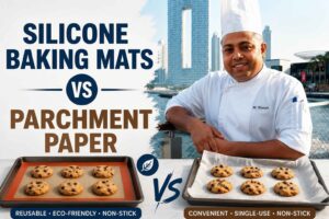 Feature image comparing silicone baking mats and parchment paper. A chef in a white uniform and hat stands on the right beside two baking trays of cookies. The left tray uses a reusable silicone baking mat, while the right tray uses parchment paper. Large bold text reads “Silicone Baking Mats vs Parchment Paper,” with labels highlighting benefits like reusable, eco-friendly, and convenient. The background shows a waterfront city skyline in daylight.