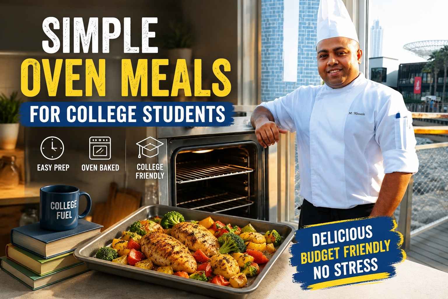 Professional chef standing beside an oven-baked meal tray in a modern kitchen, promoting simple oven meals for college students. The image features easy, budget-friendly baked chicken and vegetables, with bold text highlighting quick prep, oven-baked recipes, and student-friendly cooking solutions. Perfect for a guide on affordable and delicious oven meals for busy college students.