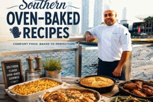 Professional chef in a white uniform standing on a waterfront boardwalk with a modern city skyline in the background. In the foreground, a rustic table displays Southern oven-baked dishes, including baked macaroni and cheese, roasted chicken, cornbread, green beans, and glazed chicken wings. Large headline text reads “Southern Oven-Baked Recipes” with the tagline “Comfort Food. Baked to Perfection.” The image has a warm, inviting cookbook and food blog promotional style.