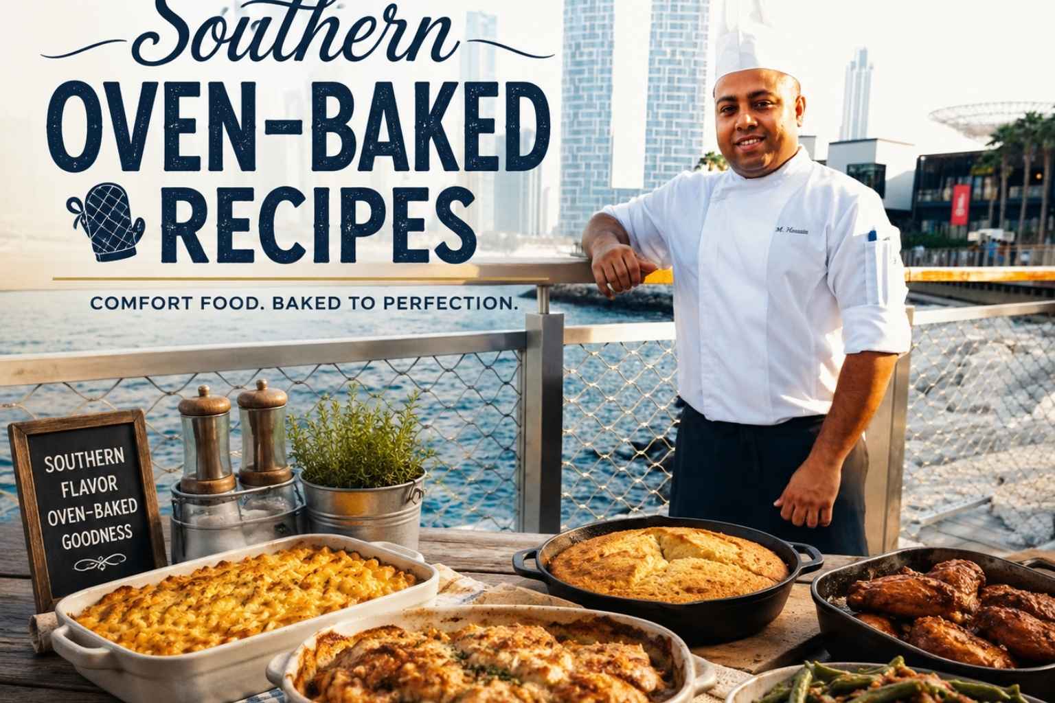 Professional chef in a white uniform standing on a waterfront boardwalk with a modern city skyline in the background. In the foreground, a rustic table displays Southern oven-baked dishes, including baked macaroni and cheese, roasted chicken, cornbread, green beans, and glazed chicken wings. Large headline text reads “Southern Oven-Baked Recipes” with the tagline “Comfort Food. Baked to Perfection.” The image has a warm, inviting cookbook and food blog promotional style.