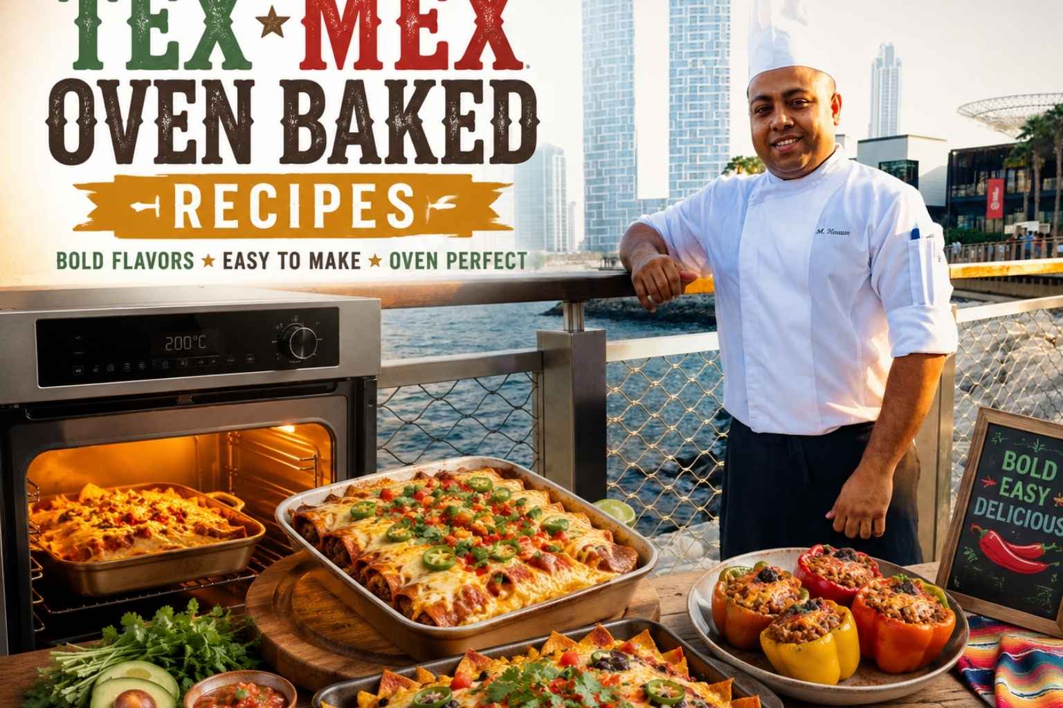 Tex-Mex Oven Baked Recipes feature image showing a chef in a white uniform and hat standing by a waterfront city backdrop, with colorful oven-baked Tex-Mex dishes including enchiladas, nachos, and stuffed peppers arranged in front of an oven. Bold text reads “TEX MEX OVEN BAKED RECIPES” with a vibrant food-themed design.