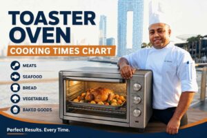 A promotional feature image showing a chef in a white uniform and hat standing beside a stainless steel toaster oven on a waterfront city backdrop. The graphic includes large text reading “TOASTER OVEN” and “COOKING TIMES CHART,” with a list of categories including meats, seafood, bread, vegetables, and baked goods. The toaster oven displays a roasted dish inside, with the slogan “Perfect Results. Every Time.” at the bottom.