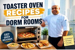 A smiling chef in a white uniform and tall chef hat stands beside a countertop toaster oven filled with a freshly baked pizza. Large bold text reads “Toaster Oven Recipes for Dorm Rooms.” The scene features easy dorm-friendly meals, including toasted sandwiches, roasted potatoes, and a baked pasta dish displayed on a wooden table. A modern waterfront city skyline forms the background, while graphic callouts highlight “Easy. Quick. Delicious.” and emphasize cooking without a full kitchen.