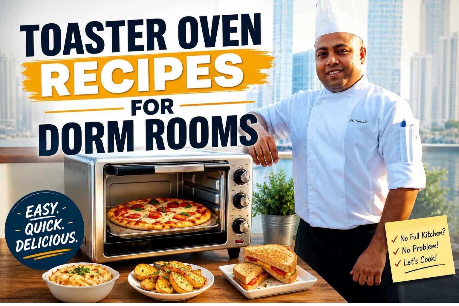 A smiling chef in a white uniform and tall chef hat stands beside a countertop toaster oven filled with a freshly baked pizza. Large bold text reads “Toaster Oven Recipes for Dorm Rooms.” The scene features easy dorm-friendly meals, including toasted sandwiches, roasted potatoes, and a baked pasta dish displayed on a wooden table. A modern waterfront city skyline forms the background, while graphic callouts highlight “Easy. Quick. Delicious.” and emphasize cooking without a full kitchen.