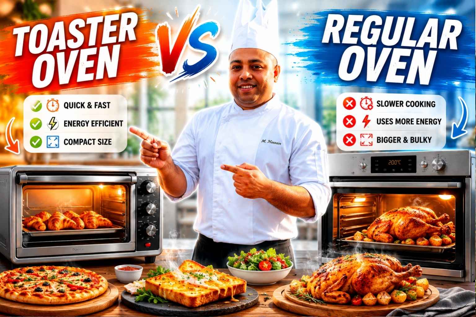 "Feature image comparing a toaster oven and a regular oven, with a smiling chef in a white uniform standing in the center and pointing toward both appliances. The left side highlights the toaster oven with icons for quick cooking, energy efficiency, and compact size, while the right side features a regular oven with a roast chicken and emphasizes its larger cooking capacity. Bold text reads 'Toaster Oven vs Regular Oven' against a vibrant split orange-and-blue kitchen background."