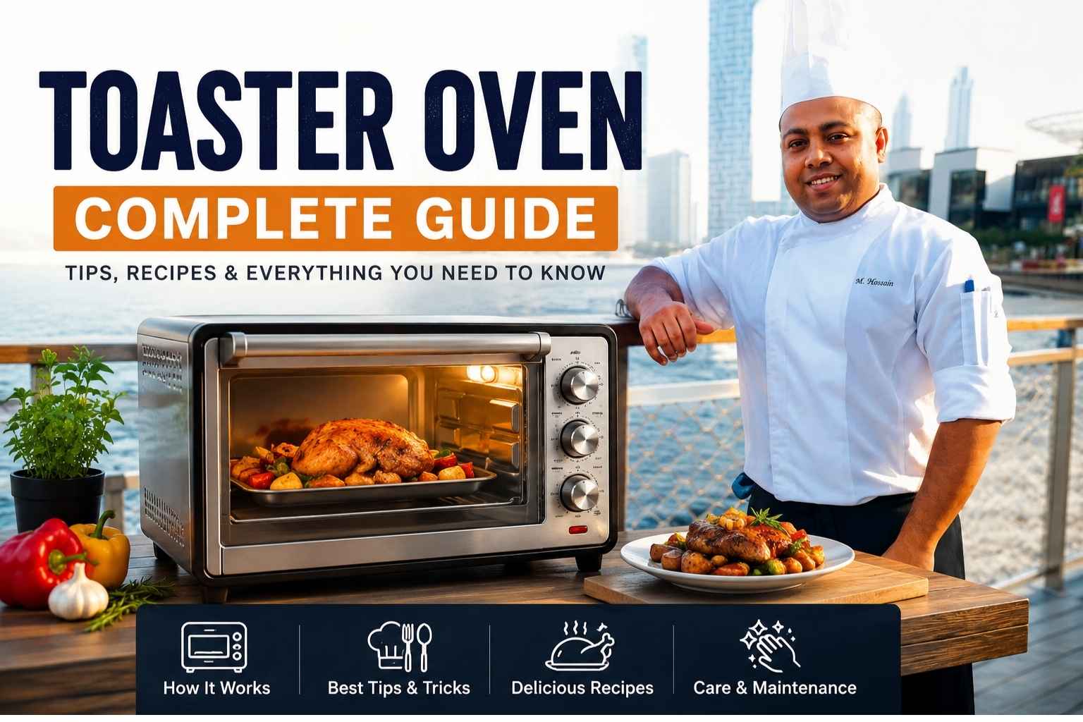 Professional chef standing beside a countertop toaster oven on a waterfront boardwalk with a modern city skyline in the background. The feature image displays the title “Toaster Oven Complete Guide” and highlights topics such as how it works, best tips and tricks, delicious recipes, and care and maintenance. A roasted chicken is cooking inside the toaster oven, with fresh vegetables and a plated meal arranged on a wooden table in front.