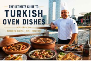A chef in a white uniform stands beside a waterfront terrace with a city skyline in the background, featuring a table filled with traditional Turkish oven dishes in clay pots and plates. The image includes the title “The Ultimate Guide to Turkish Oven Dishes” with a warm, inviting food guide design style.