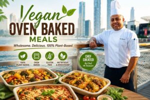 Professional chef in a white uniform standing by a waterfront city backdrop, promoting vegan oven-baked meals. The image features colorful plant-based baked dishes in serving trays, with text highlighting “Vegan Oven Baked Meals,” 100% plant-based, gluten-free, and nutritious wholesome options created by Chef M
