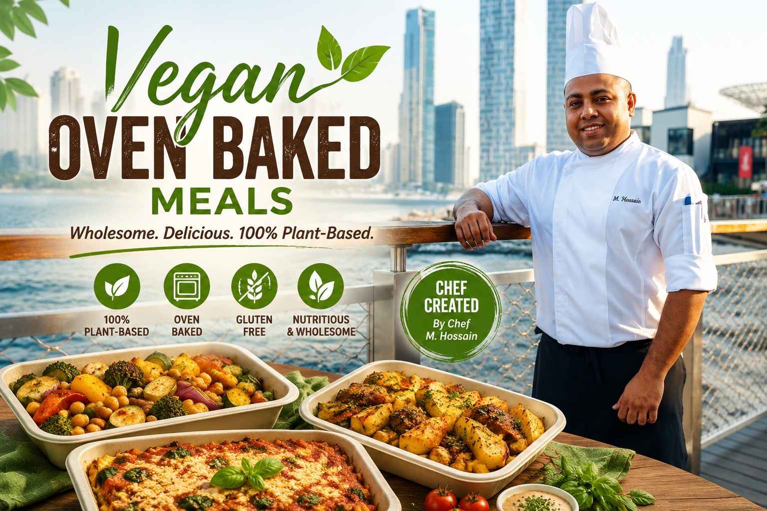 Professional chef in a white uniform standing by a waterfront city backdrop, promoting vegan oven-baked meals. The image features colorful plant-based baked dishes in serving trays, with text highlighting “Vegan Oven Baked Meals,” 100% plant-based, gluten-free, and nutritious wholesome options created by Chef M
