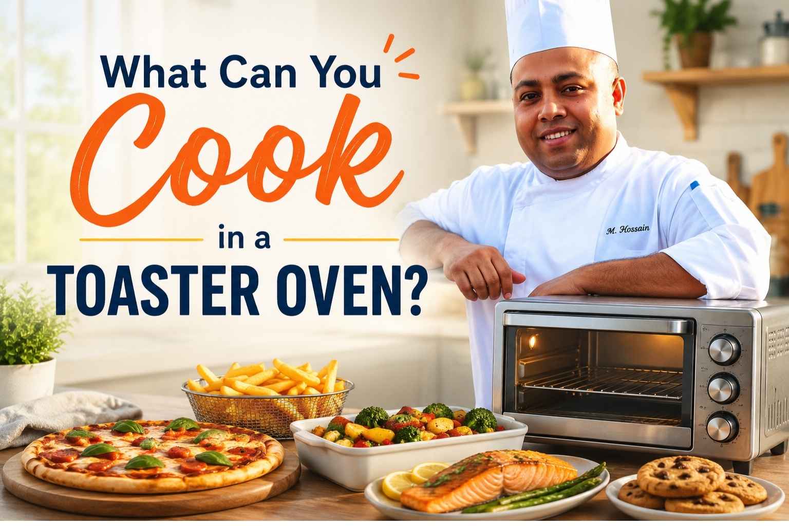 Smiling chef in a white uniform standing beside a toaster oven in a bright kitchen, surrounded by pizza, fries, roasted vegetables, salmon, and cookies, with the text "What Can You Cook in a Toaster Oven?" displayed prominently.