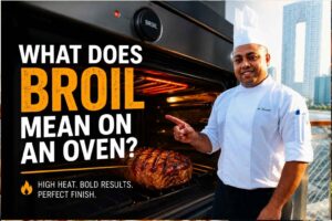 Feature image for an article titled “What Does Broil Mean on an Oven?” showing a smiling chef in a white uniform pointing toward an oven set to broil. Inside the oven, a steak is cooking under intense top heat. Large bold text reads “What Does Broil Mean on an Oven?” with the subtitle “High Heat. Bold Results. Perfect Finish.” A modern city skyline and waterfront boardwalk appear in the background.