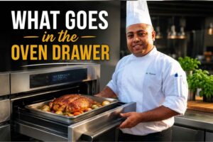 Chef in a white uniform and tall chef’s hat stands beside an open stainless-steel oven drawer holding a roasted poultry dish with vegetables. Large headline text reads “What Goes in the Oven Drawer” in white and gold lettering. The background shows a modern professional kitchen with warm lighting and fresh herbs, creating a clean, inviting culinary theme.