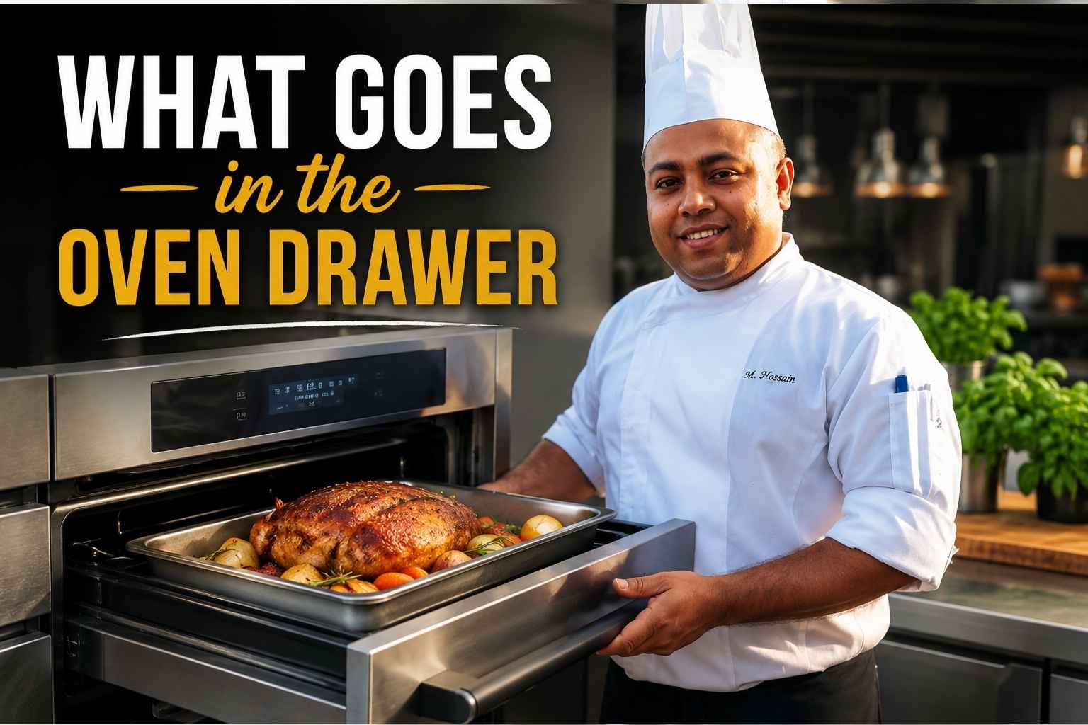 Chef in a white uniform and tall chef’s hat stands beside an open stainless-steel oven drawer holding a roasted poultry dish with vegetables. Large headline text reads “What Goes in the Oven Drawer” in white and gold lettering. The background shows a modern professional kitchen with warm lighting and fresh herbs, creating a clean, inviting culinary theme.