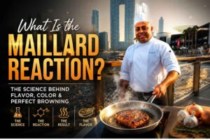 Feature image for an article about the Maillard Reaction. A professional chef in a white uniform and tall chef’s hat stands on a waterfront promenade with a modern city skyline in the background. In the foreground, a steak sears in a hot pan, producing steam and golden-brown crust, visually representing the Maillard reaction. Large headline text reads “What Is the Maillard Reaction?” with a subtitle explaining the science behind flavor, color, and browning. Scientific and cooking-themed icons appear along the bottom, emphasizing the chemical process that creates rich flavors in cooked food.