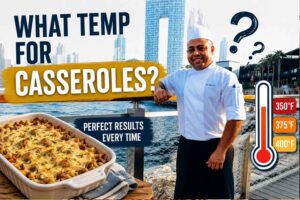 A professional chef in a white uniform stands on a waterfront boardwalk with a modern city skyline in the background. Large bold text reads, “What Temp for Casseroles?” A baked casserole dish filled with cheesy pasta appears in the lower-left corner, while a large thermometer graphic on the right highlights common baking temperatures of 350°F, 375°F, and 400°F. Additional text says, “Perfect Results Every Time,” creating an informative and eye-catching cooking feature image.