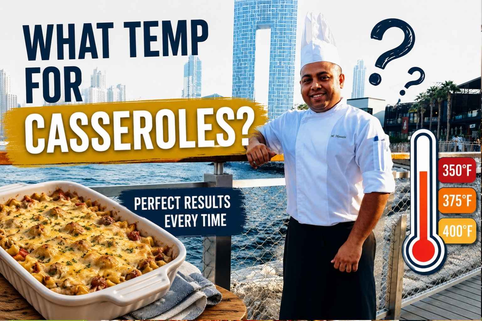 A professional chef in a white uniform stands on a waterfront boardwalk with a modern city skyline in the background. Large bold text reads, “What Temp for Casseroles?” A baked casserole dish filled with cheesy pasta appears in the lower-left corner, while a large thermometer graphic on the right highlights common baking temperatures of 350°F, 375°F, and 400°F. Additional text says, “Perfect Results Every Time,” creating an informative and eye-catching cooking feature image.