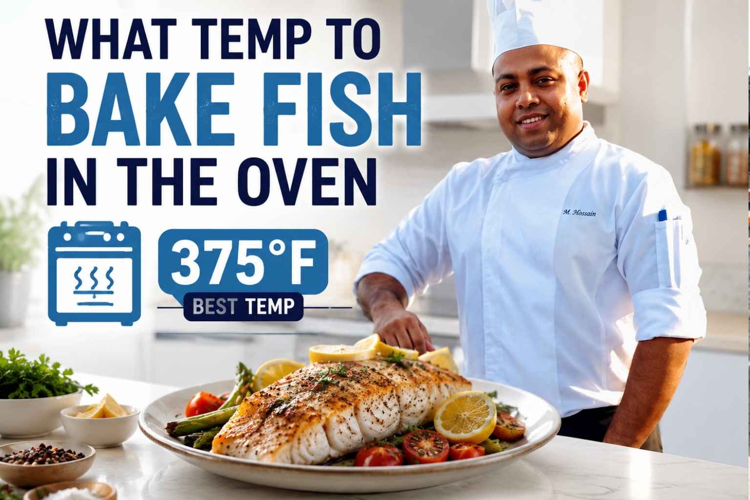 Professional chef standing beside a freshly baked fish platter in a bright modern kitchen, with bold text reading “What Temp to Bake Fish in the Oven” and a highlighted oven temperature of 375°F, illustrating the ideal baking temperature for fish.