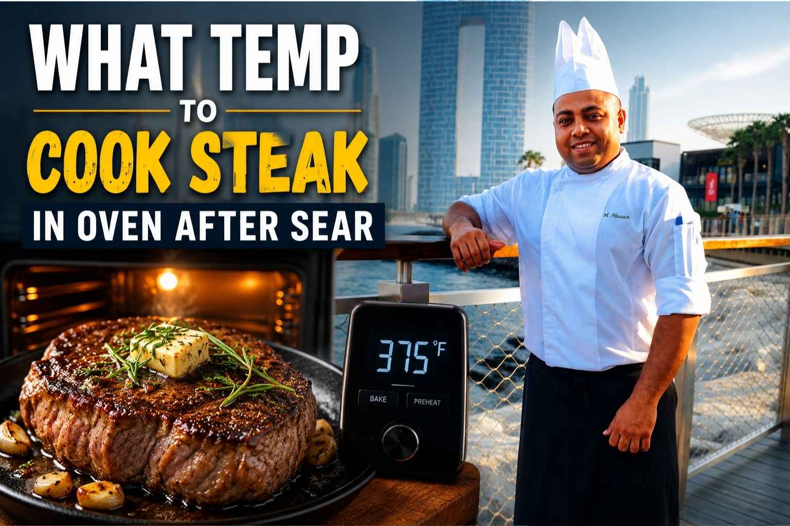 "A chef in a white uniform and tall chef hat stands smiling on a waterfront promenade with a modern city skyline in the background. In the foreground, a large seared steak topped with herb butter sits beside a digital oven thermometer displaying 375°F. Bold text reads, 'What Temp to Cook Steak in Oven After Sear,' creating a feature image for a steak cooking guide."