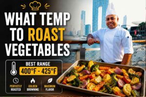 Chef in a white uniform and tall chef hat standing on a waterfront promenade with a modern city skyline in the background. Large headline text reads “What Temp to Roast Vegetables,” alongside a tray of colorful roasted vegetables including broccoli, carrots, potatoes, zucchini, and red onions. A highlighted box recommends the best roasting temperature range of 400°F–425°F, with icons emphasizing perfectly roasted vegetables, golden browning, and maximum flavor.