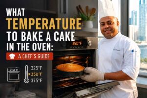 "Professional chef in a white uniform smiling beside an open oven with a freshly baked cake, alongside bold text reading 'What Temperature to Bake a Cake in the Oven: A Chef's Guide' and a temperature graphic highlighting 350°F in a modern kitchen."