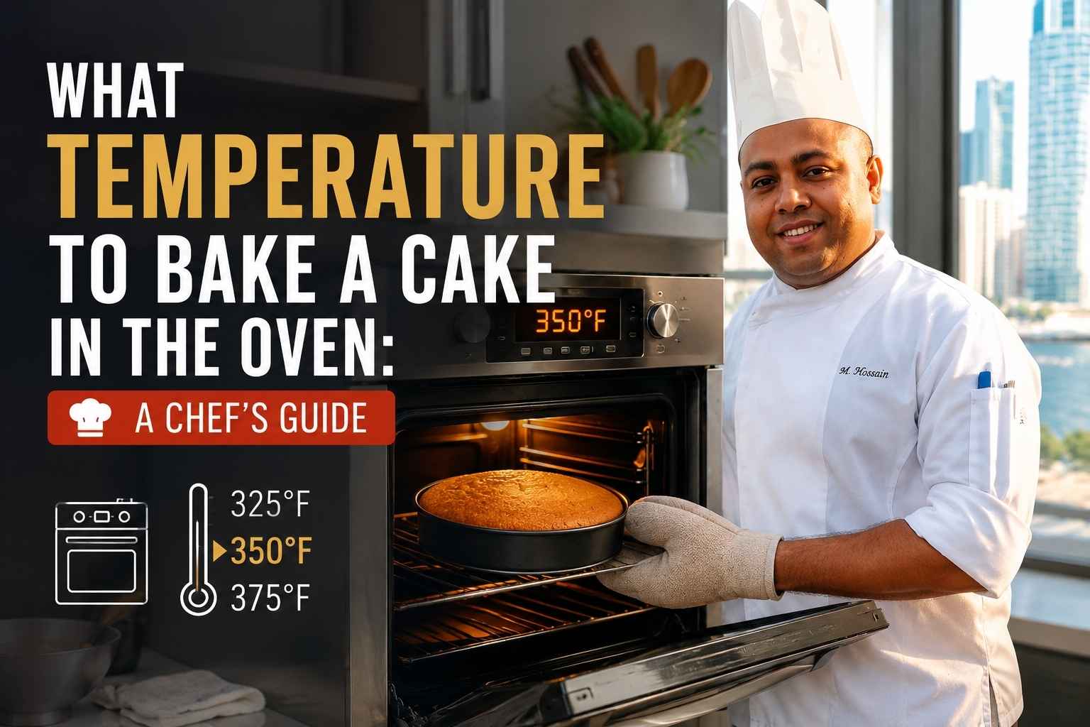 "Professional chef in a white uniform smiling beside an open oven with a freshly baked cake, alongside bold text reading 'What Temperature to Bake a Cake in the Oven: A Chef's Guide' and a temperature graphic highlighting 350°F in a modern kitchen."
