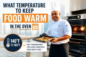 Professional chef in a white uniform holding a tray of hot food beside an open oven, with text reading “What Temperature to Keep Food Warm in the Oven.” The feature image highlights safe food warming temperatures of 140°F to 165°F and includes food safety tips, set against a modern waterfront cityscape background.