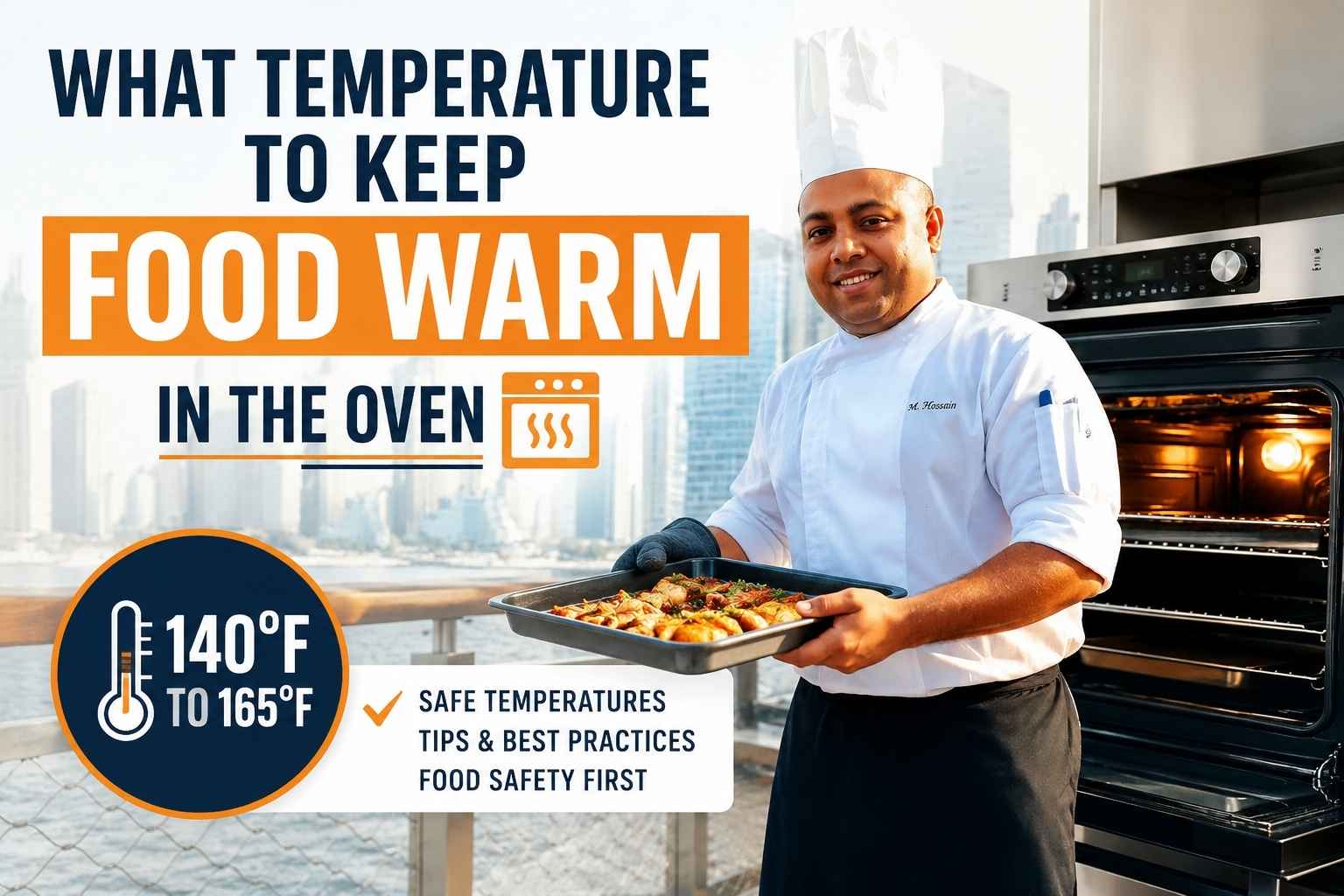 Professional chef in a white uniform holding a tray of hot food beside an open oven, with text reading “What Temperature to Keep Food Warm in the Oven.” The feature image highlights safe food warming temperatures of 140°F to 165°F and includes food safety tips, set against a modern waterfront cityscape background.
