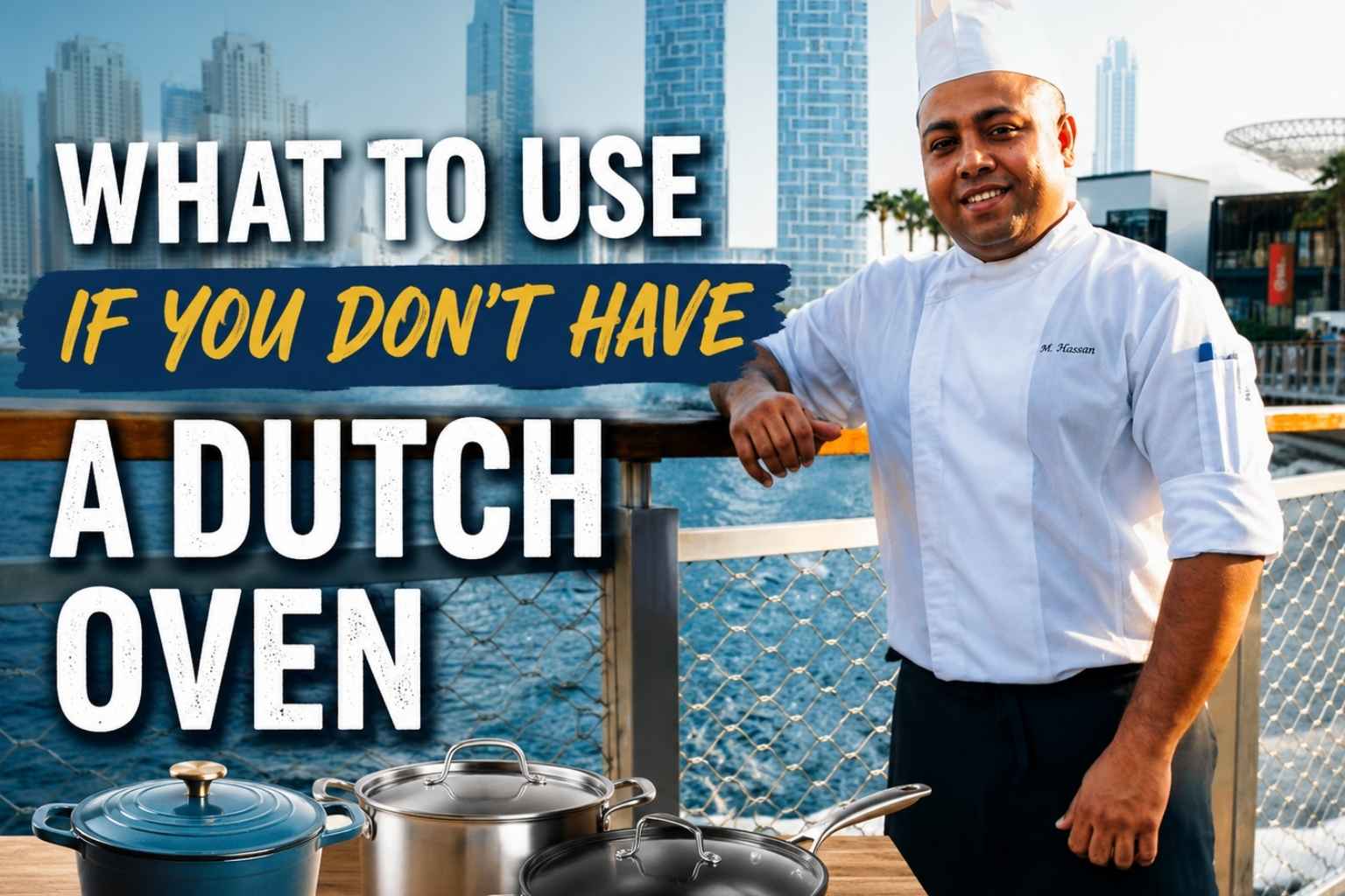 A professional chef in a white uniform and tall chef’s hat stands on a waterfront boardwalk with a modern city skyline in the background. Large bold text reads, “What to Use If You Don’t Have a Dutch Oven.” In the foreground, a wooden table displays three cookware alternatives: a cast-iron pot, a stainless-steel stockpot, and a covered skillet, illustrating substitutes for a Dutch oven. The bright, high-contrast design creates an engaging feature image for a cooking article.