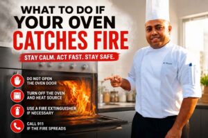A professional chef in a white uniform and chef’s hat stands beside a kitchen oven with visible flames inside, pointing toward it while sharing safety guidance. Large bold text reads “What to Do If Your Oven Catches Fire” with the subtitle “Stay Calm. Act Fast. Stay Safe.” Safety tips are displayed alongside icons, including: do not open the oven door, turn off the oven and heat source, use a fire extinguisher if necessary, and call emergency services if the fire spreads. The image uses a clean, high-contrast infographic style with bright red and orange fire elements to emphasize emergency preparedness.