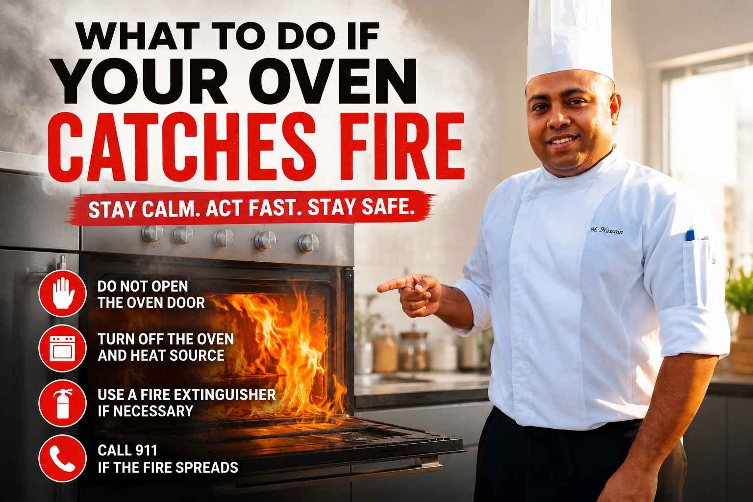A professional chef in a white uniform and chef’s hat stands beside a kitchen oven with visible flames inside, pointing toward it while sharing safety guidance. Large bold text reads “What to Do If Your Oven Catches Fire” with the subtitle “Stay Calm. Act Fast. Stay Safe.” Safety tips are displayed alongside icons, including: do not open the oven door, turn off the oven and heat source, use a fire extinguisher if necessary, and call emergency services if the fire spreads. The image uses a clean, high-contrast infographic style with bright red and orange fire elements to emphasize emergency preparedness.
