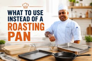 "Feature image showing a smiling professional chef in a white uniform standing in a modern kitchen beside several roasting pan alternatives, including a ceramic baking dish, glass casserole dish, sheet pan, cast-iron skillet, and roasting tray. Large bold text reads 'What to Use Instead of a Roasting Pan.'"