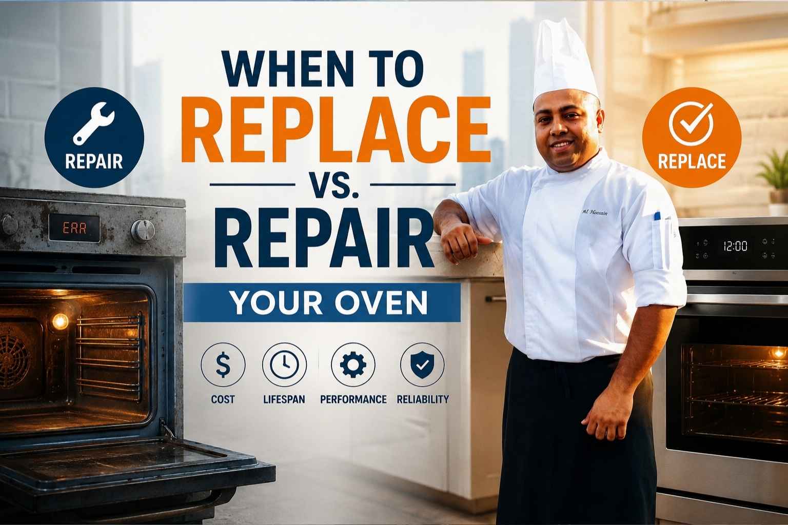 Professional chef standing beside two ovens in a modern kitchen, illustrating the decision between repairing an old malfunctioning oven and replacing it with a new one. Large text reads “When to Replace vs. Repair Your Oven,” with icons highlighting cost, lifespan, performance, and reliability considerations.