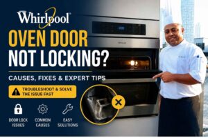 Feature image for a Whirlpool oven repair guide. A chef in a white uniform stands beside a stainless-steel Whirlpool wall oven with the door partially open, pointing toward it. Large headline text reads “Whirlpool Oven Door Not Locking?” with a subheading “Causes, Fixes & Expert Tips.” The design includes icons for door lock issues, common causes, and easy solutions, plus a close-up inset of a faulty oven door latch marked with an X. The background features a modern waterfront city skyline.