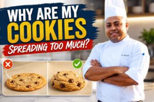 "Chef in a white uniform holding a tray of cookies with bold text reading 'Why Are My Cookies Spreading Too Much?' alongside a comparison of flat, over-spread cookies versus thick, perfectly baked cookies, illustrating common cookie baking mistakes."