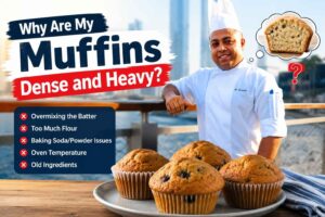 A smiling chef in a white uniform stands by a waterfront promenade with a modern city skyline in the background. Large text reads “Why Are My Muffins Dense and Heavy?” alongside freshly baked muffins, illustrating common baking issues in a clean, eye-catching feature image.