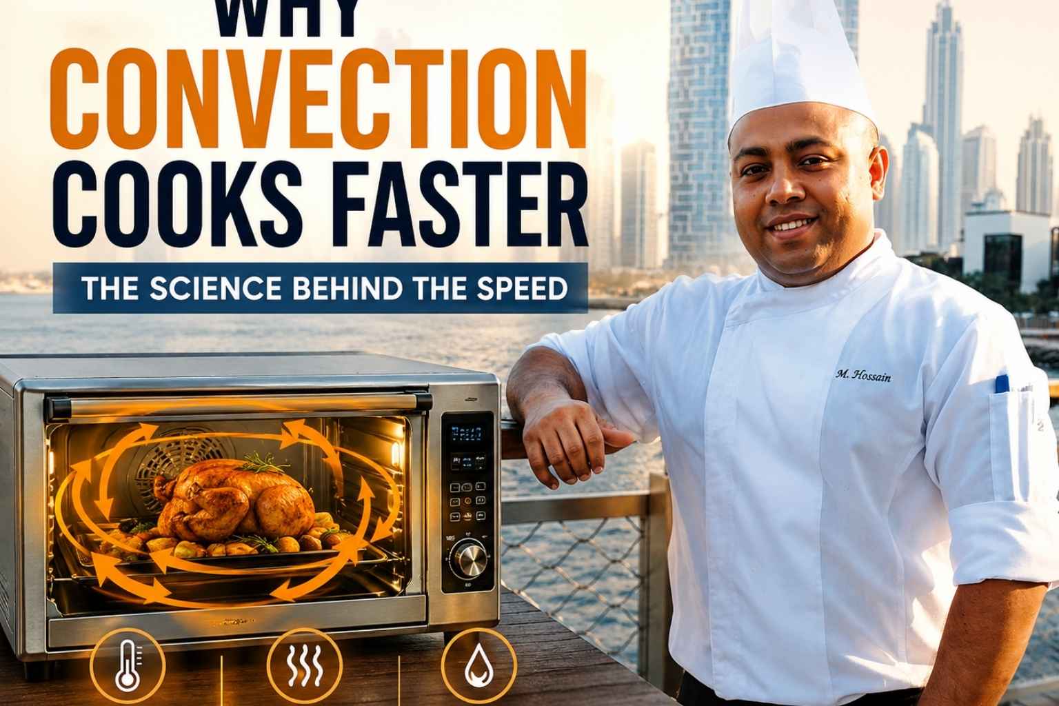 A smiling chef in a white uniform stands beside a convection oven on a waterfront terrace with a modern city skyline in the background. Large headline text reads, “Why Convection Cooks Faster: The Science Behind the Speed.” Inside the oven, a roasted chicken is surrounded by swirling arrows illustrating circulating hot air. Icons along the bottom highlight key benefits: even heat distribution, faster cooking, and better results. The image is designed as a promotional feature graphic explaining the advantages of convection cooking.
