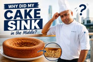 A smiling professional chef in a white uniform stands beside a waterfront with a modern city skyline in the background. A large sunken sponge cake is displayed in the foreground with a close-up inset of its dense center. Bold text reads, "Why Did My Cake Sink in the Middle?" while the chef scratches his head with a puzzled expression, illustrating common baking problems.