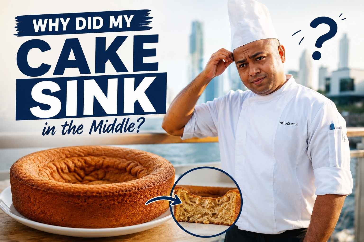 A smiling professional chef in a white uniform stands beside a waterfront with a modern city skyline in the background. A large sunken sponge cake is displayed in the foreground with a close-up inset of its dense center. Bold text reads, "Why Did My Cake Sink in the Middle?" while the chef scratches his head with a puzzled expression, illustrating common baking problems.